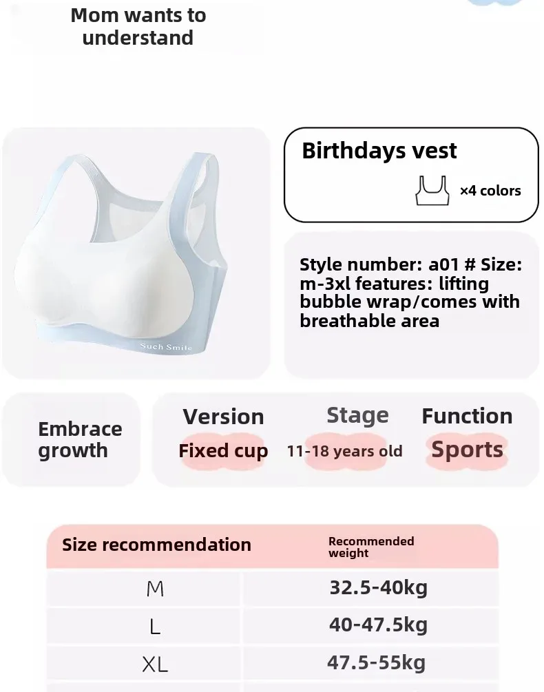 Junior Girls Sports Bra Full Cup Fixed Cup